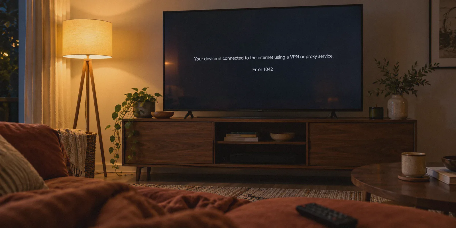 A television displays a VPN or proxy error during an evening movie session.