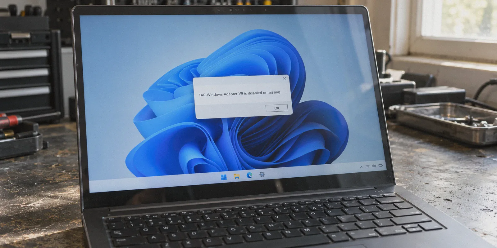 Windows laptop displaying a TAP adapter error.