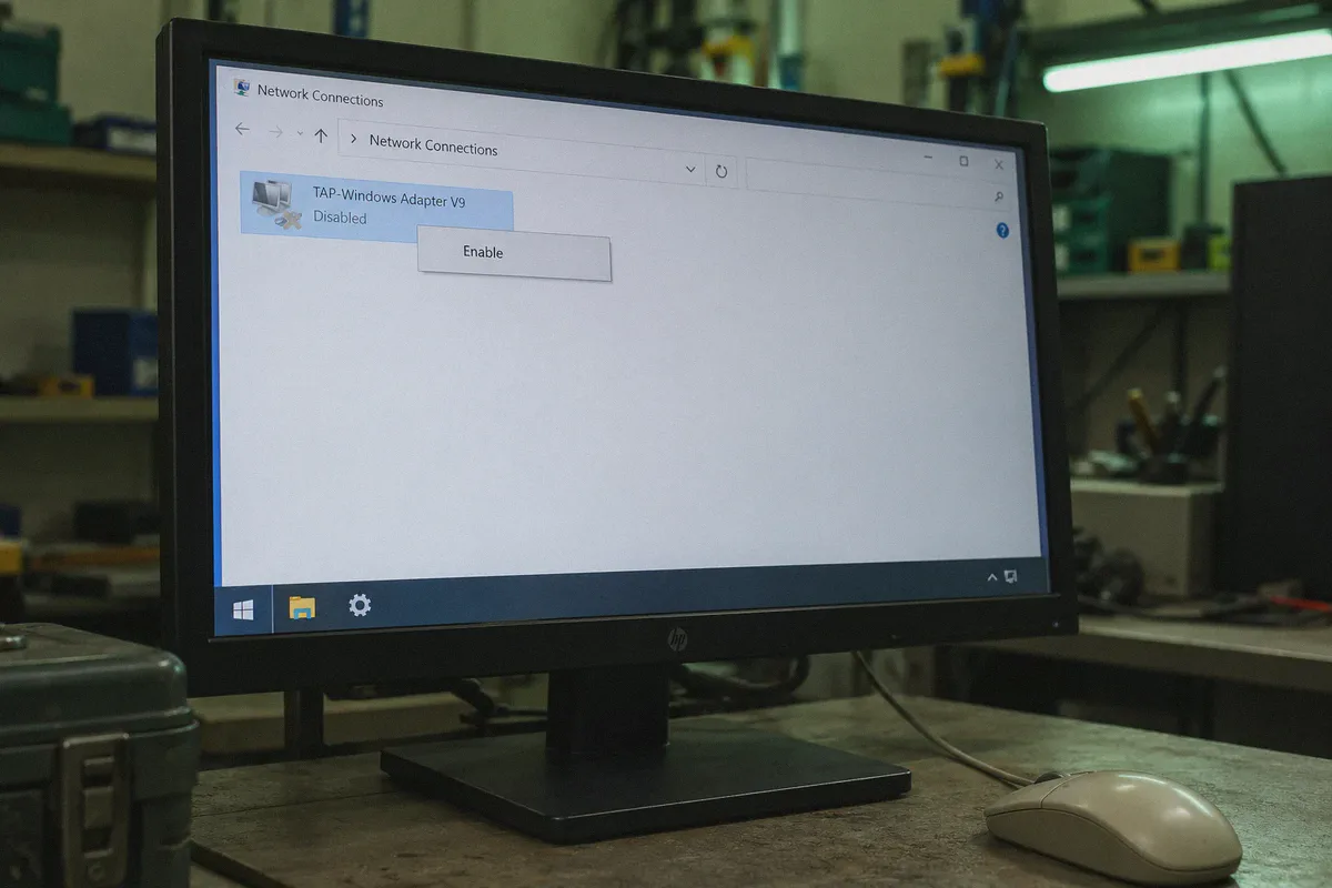Disabled TAP adapter selected in Windows Network Connections.