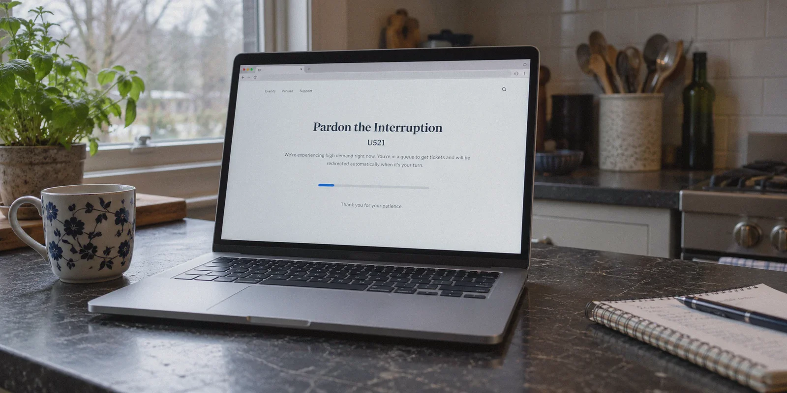 Laptop showing a ticketing interruption message.