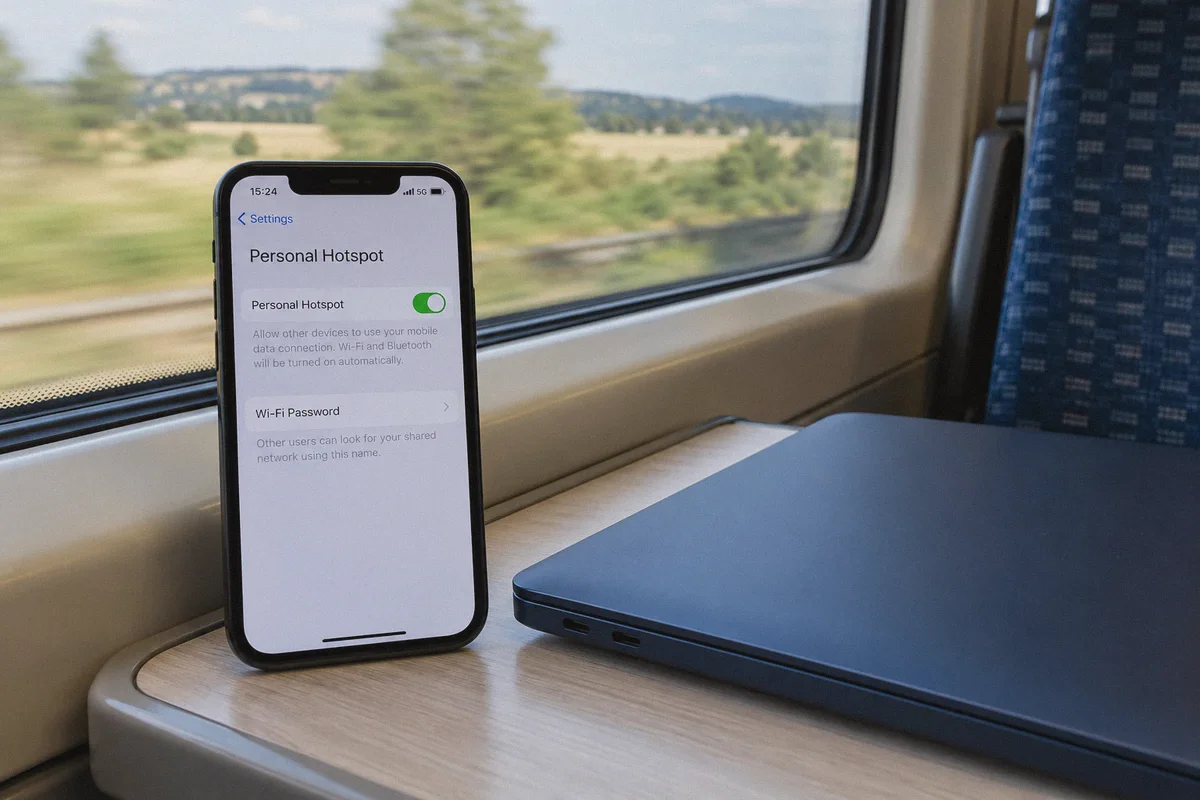 Phone hotspot beside a laptop on a train.