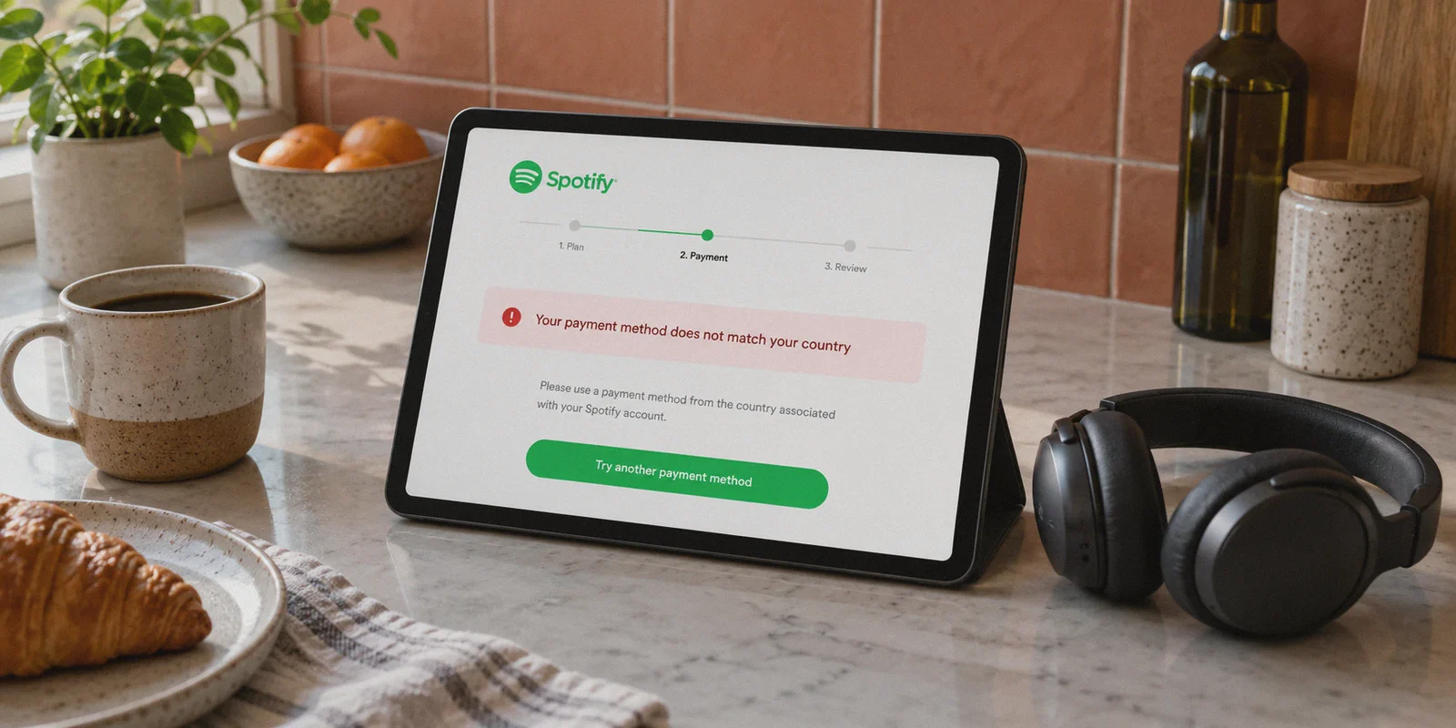 A tablet showing a country mismatch at music subscription checkout.
