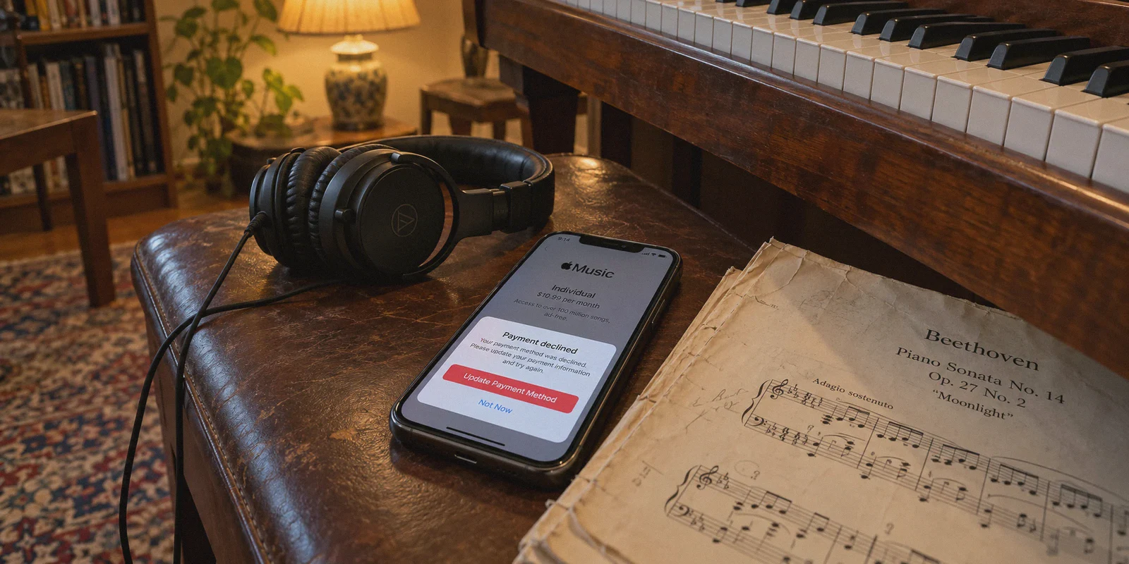 Apple Music payment declined on a phone in a music room.