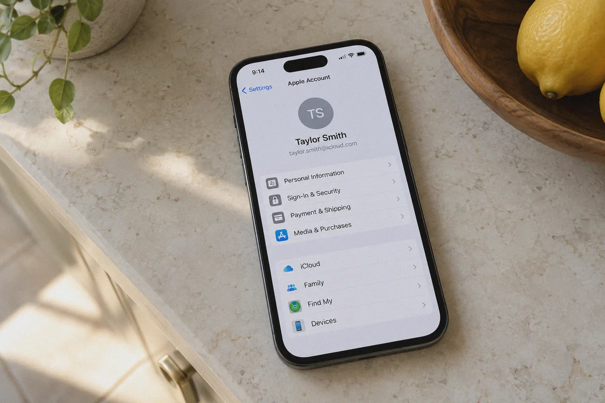 Media & Purchases entry in iPhone settings.