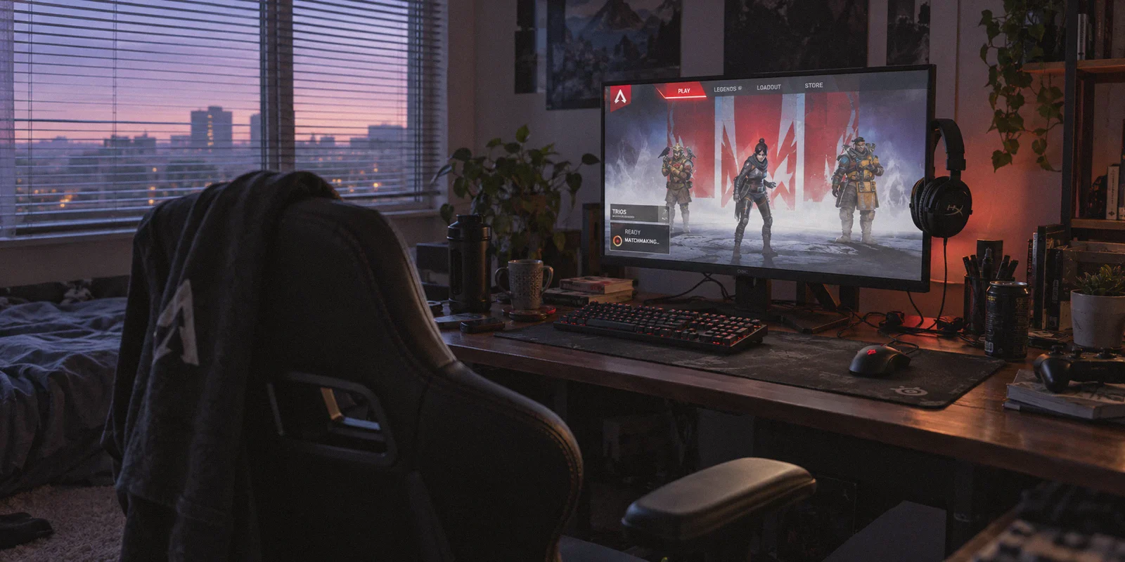 An Apex Legends lobby on a monitor in a quiet gaming corner.