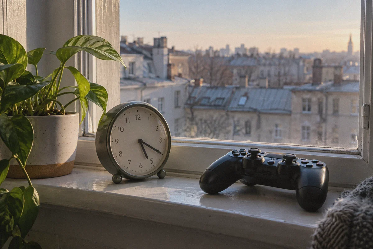 A clock and controller in early morning window light.