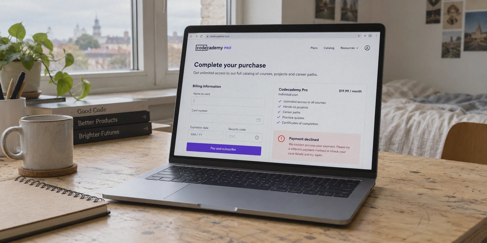 Laptop checkout displaying a payment decline.