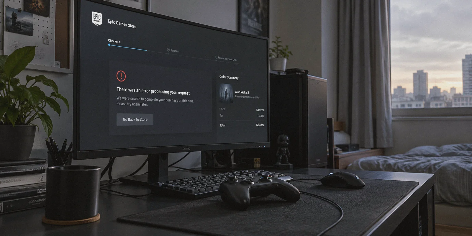 Epic Games Store checkout error at a gaming desk.