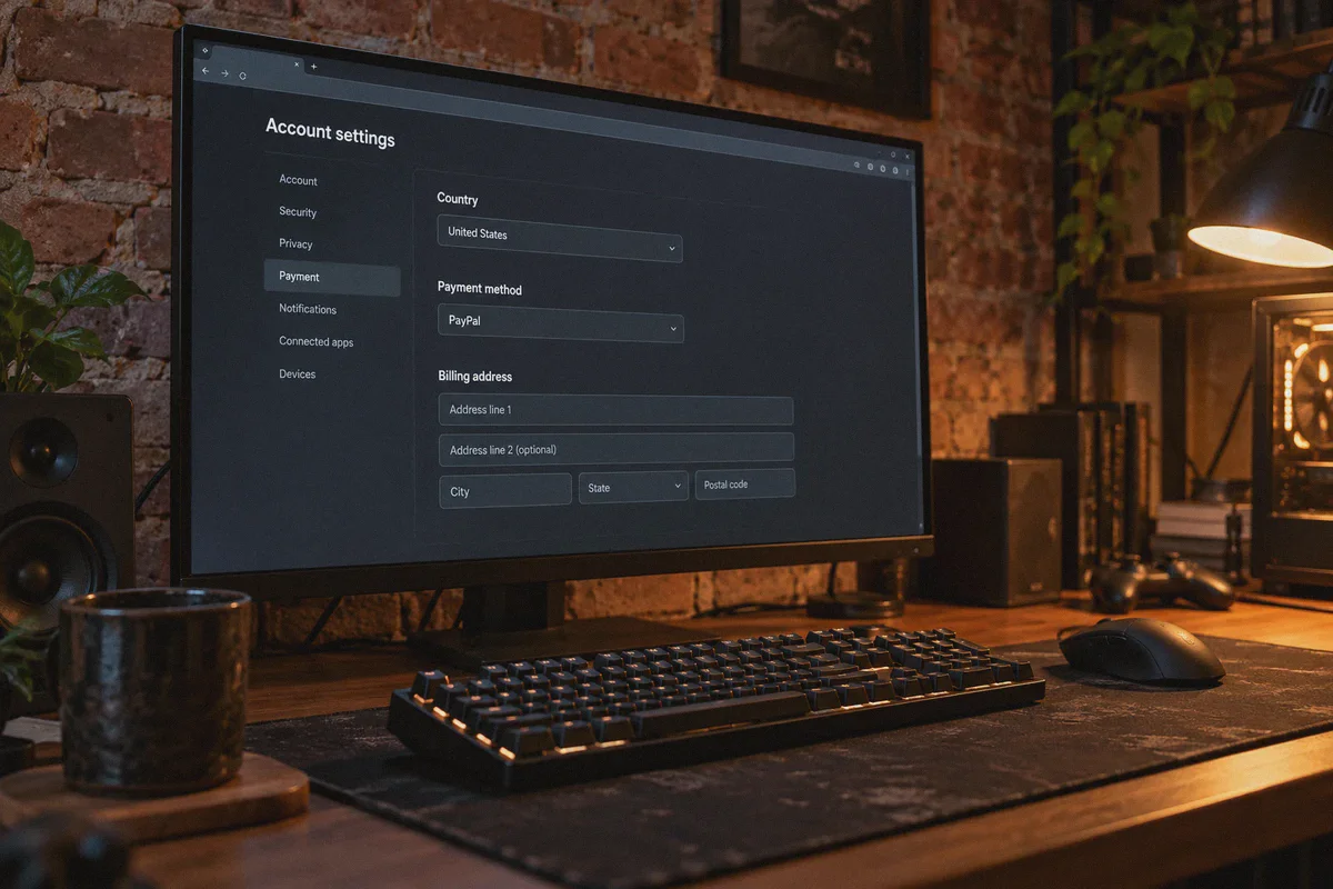 Country and billing settings on a gaming computer.