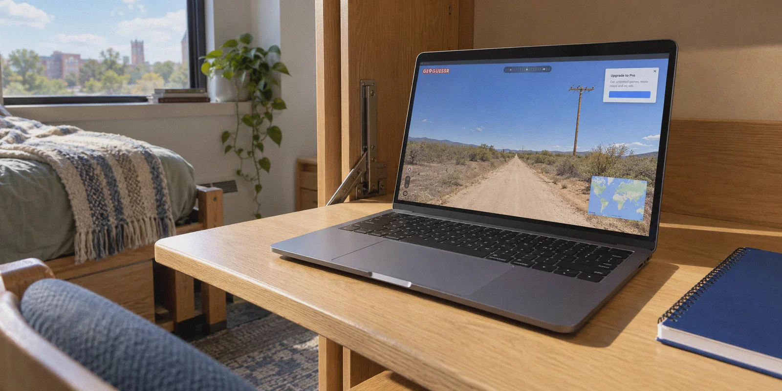 GeoGuessr upgrade prompt over a rural road scene.