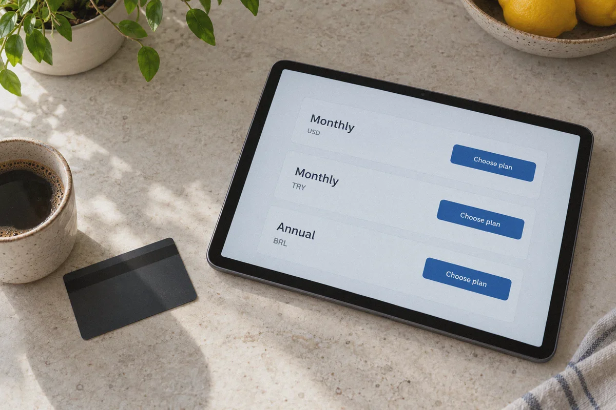 Subscription options and a face-down payment card.