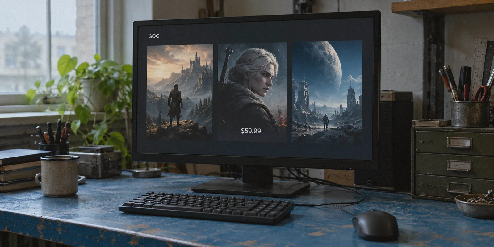 A GOG game storefront on a desktop monitor.