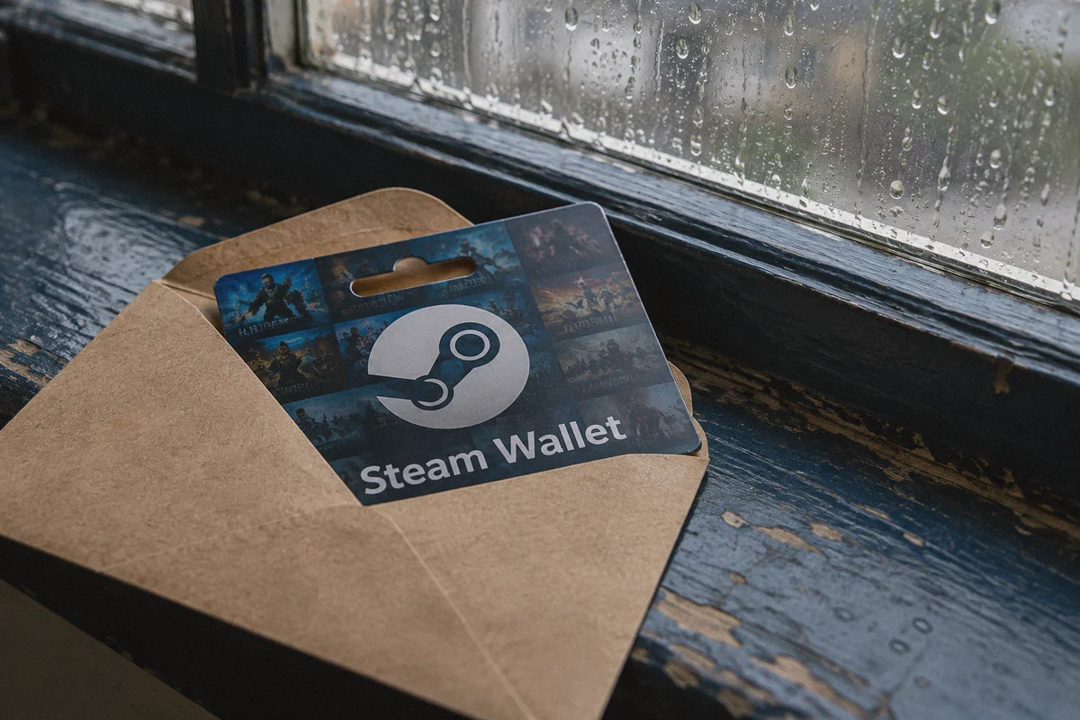 Steam Wallet card in a paper envelope.