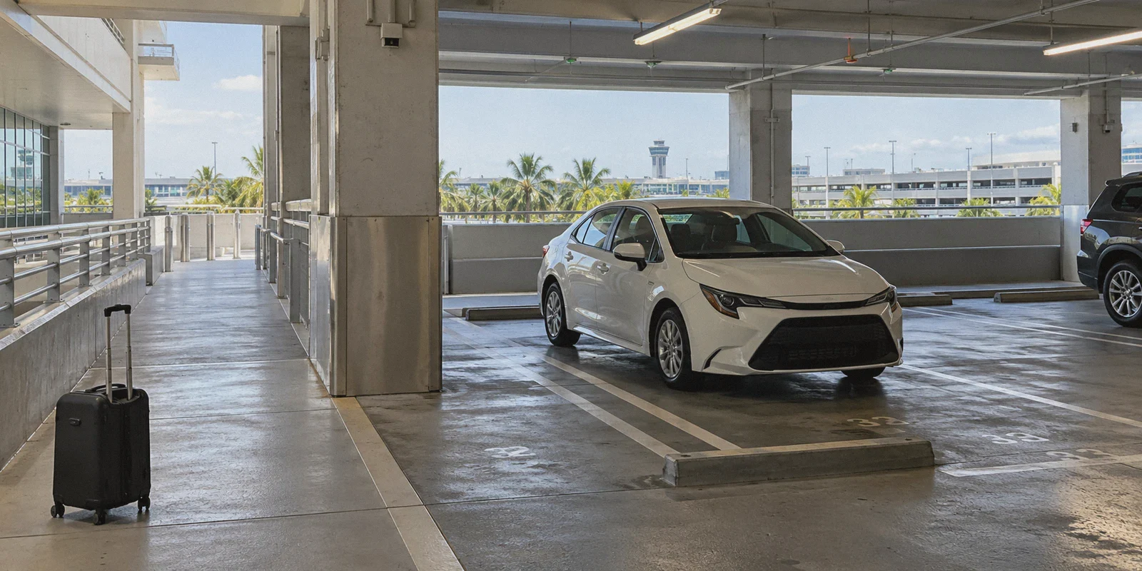 Compact rental car waiting in an airport pickup garage.