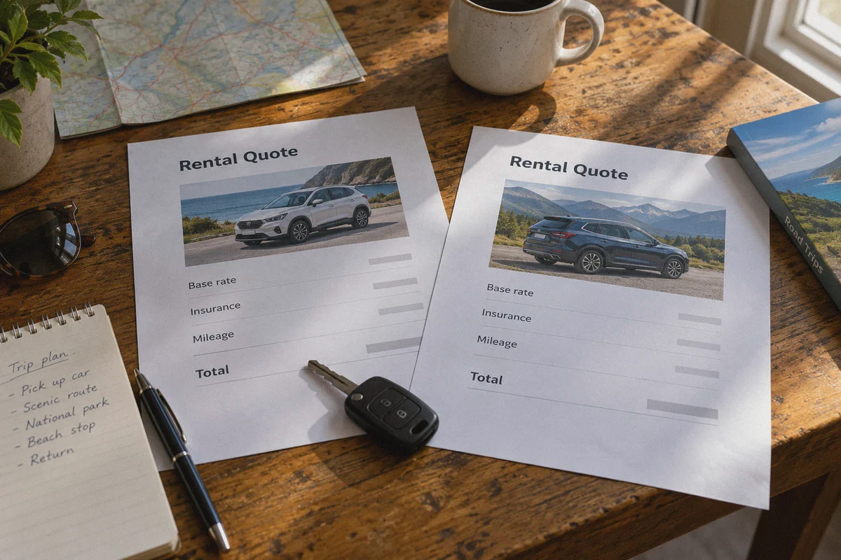 Printed rental quotes with insurance and mileage line items.