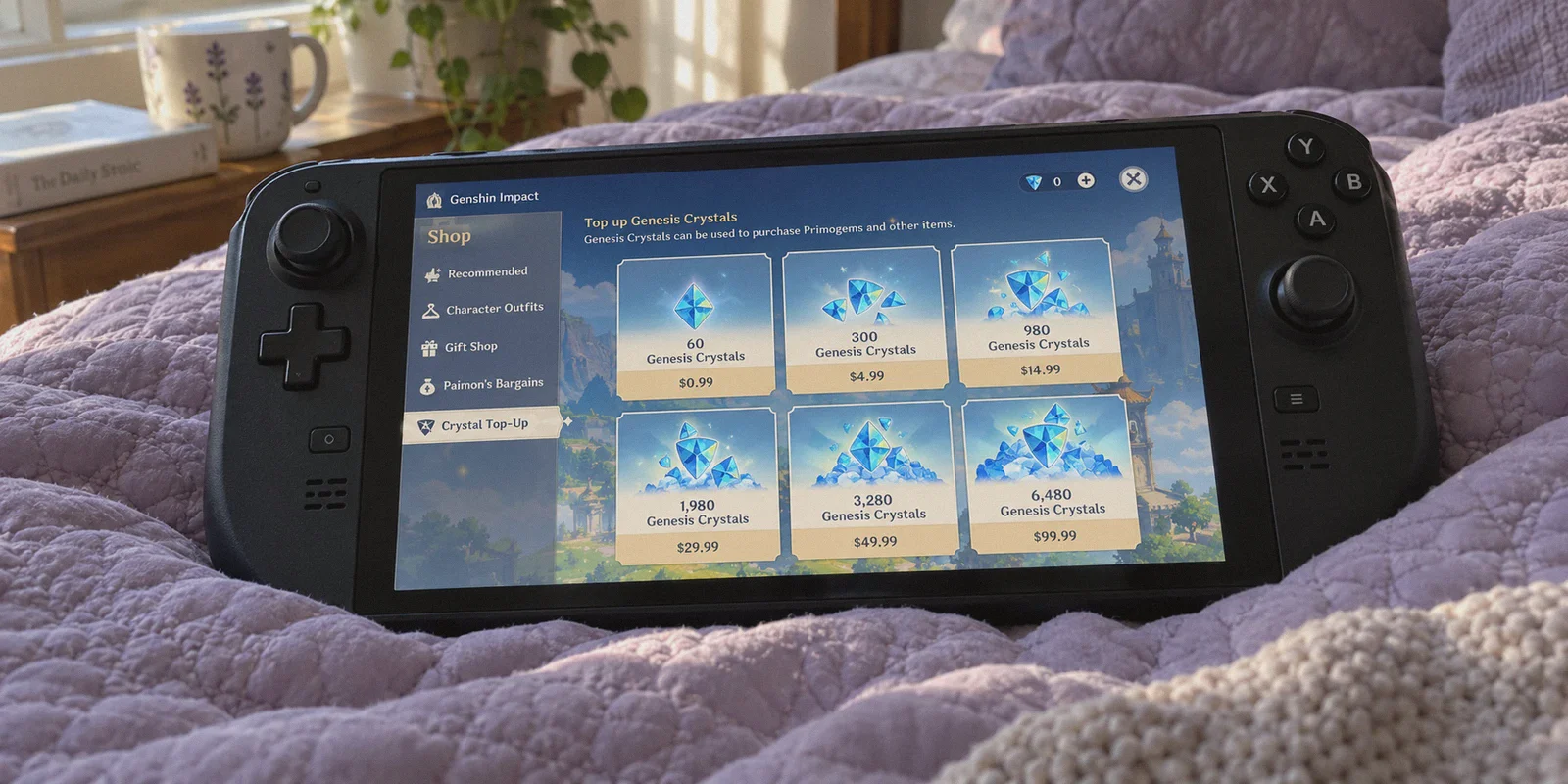 Genshin Impact purchase menu on a gaming tablet
