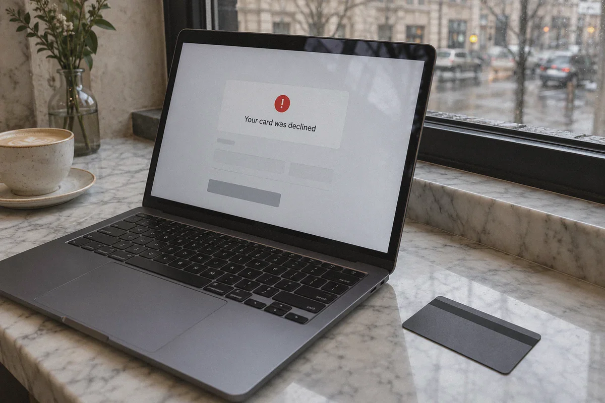 A laptop checkout displaying a card decline message.