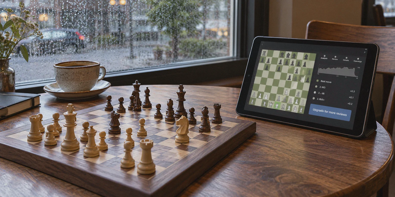 Tablet showing a chess review upgrade prompt beside a wooden board.
