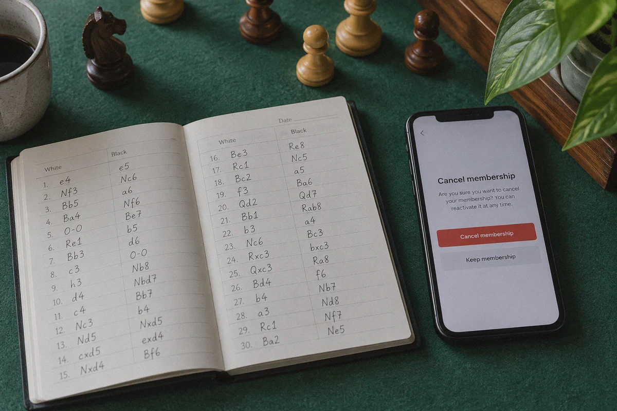 Subscription cancellation screen beside a chess scorebook.