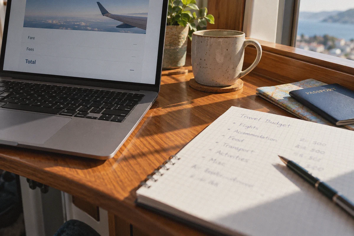 An airline total and a travel budget on a writing shelf.