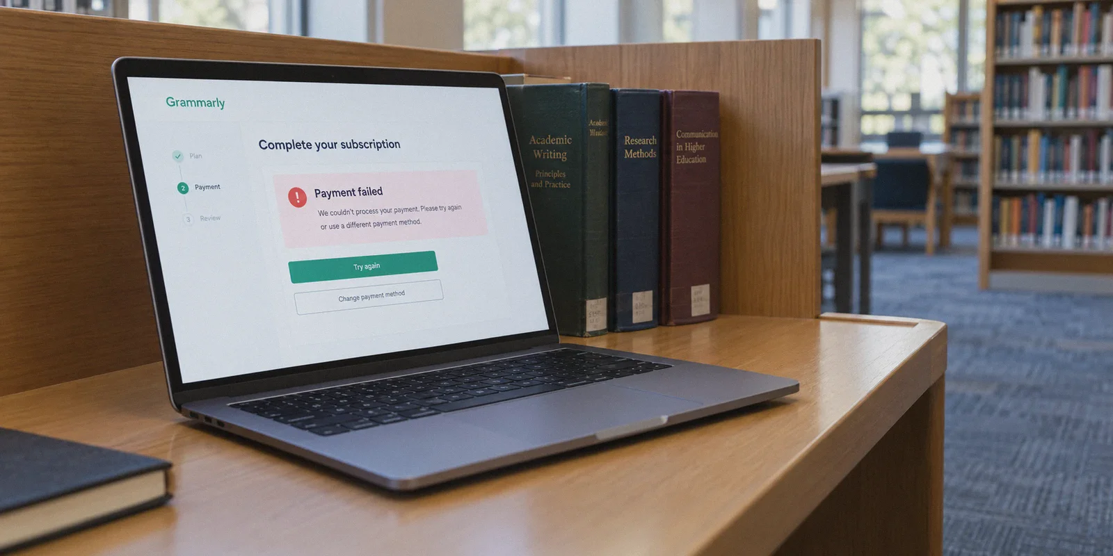 Grammarly checkout reporting a failed payment on a library laptop.