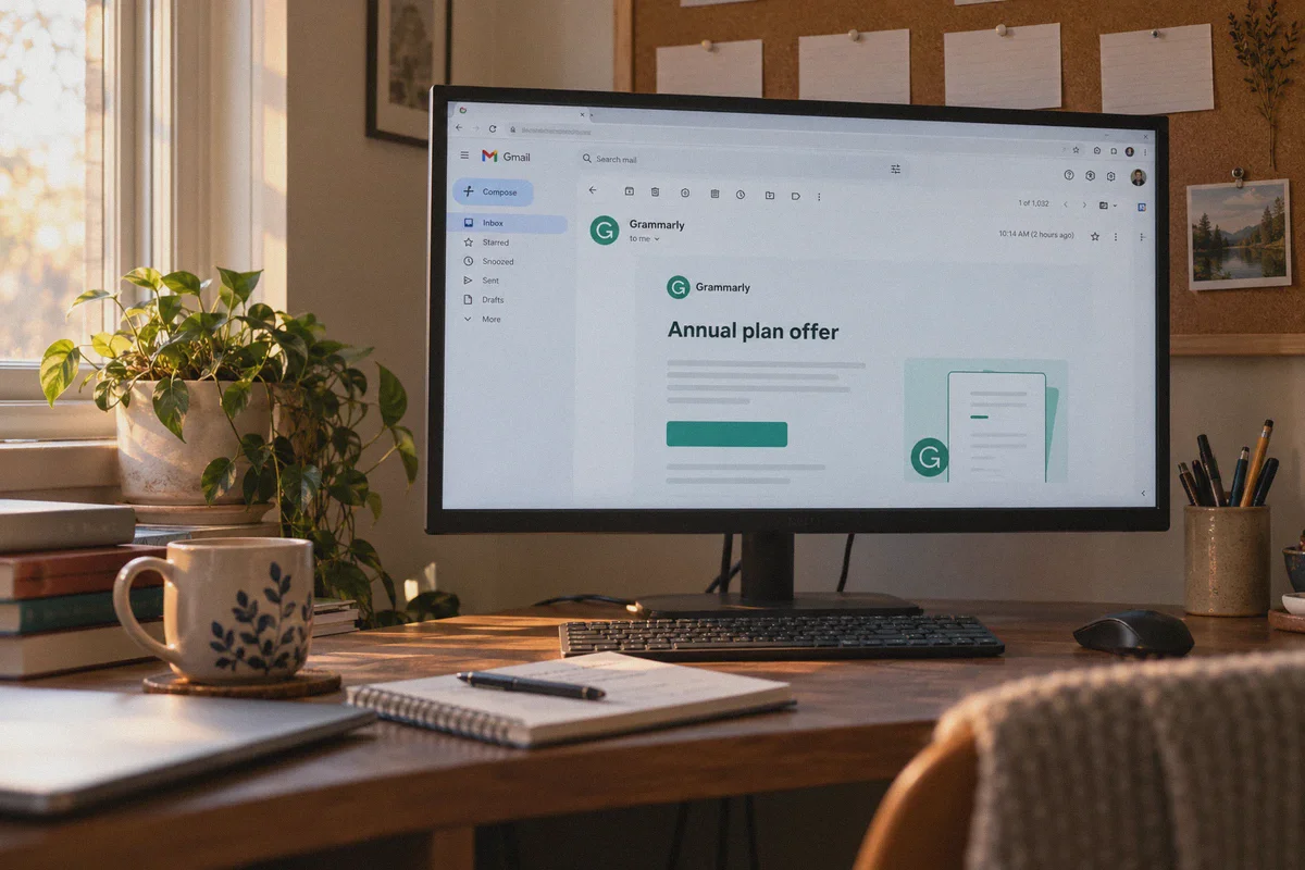 Annual plan promotional email on a writing desk monitor.
