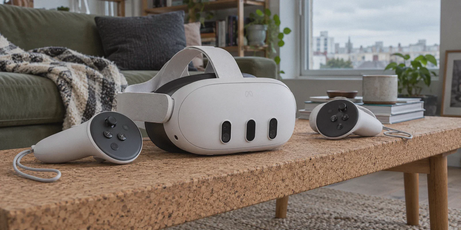 Meta Quest 3 headset and controllers ready for use at home.