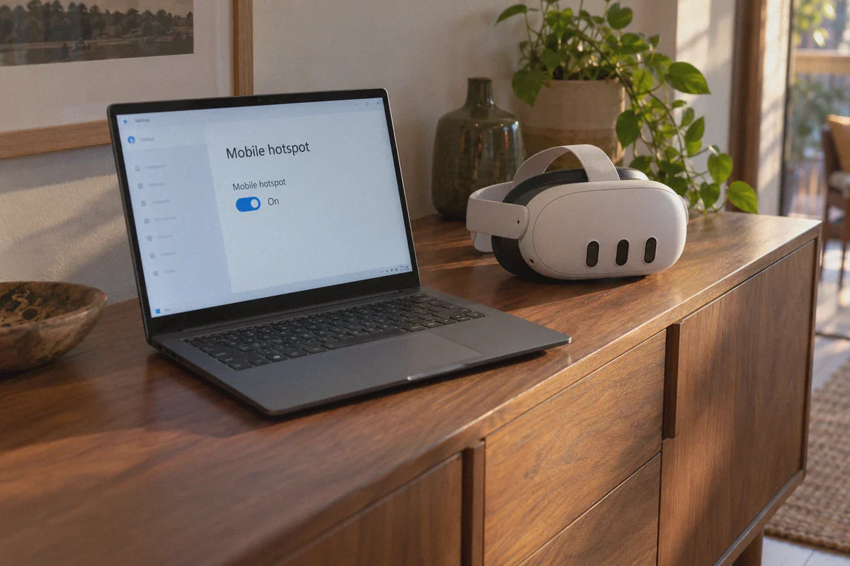 A laptop beside a Quest 3 headset for a shared Wi-Fi connection.