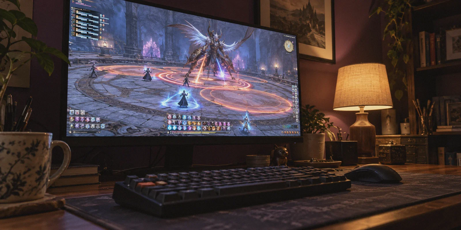 Final Fantasy XIV raid combat on a desktop monitor.