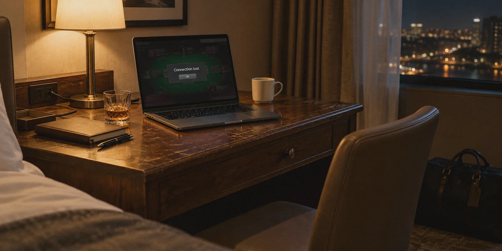 A travel laptop showing an interrupted poker session.