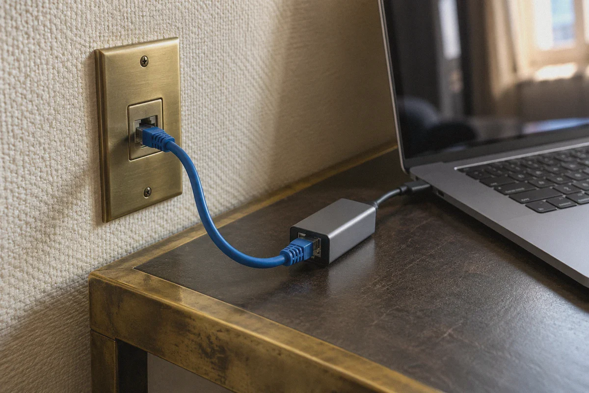 A wired connection beside a travel laptop.