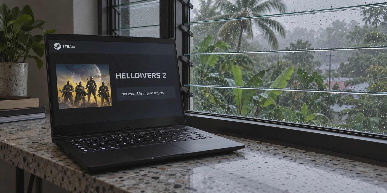 A black gaming laptop on a narrow terrazzo desk showing a restrained Steam-style dark game-store page, science-fiction squad thumbnail and a clear message Not available in your region