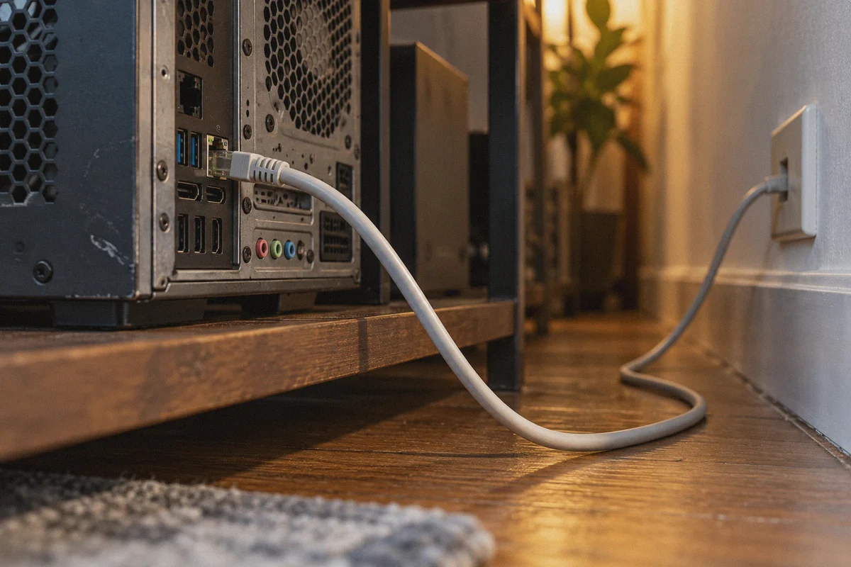 Ethernet cable connected to a gaming computer.