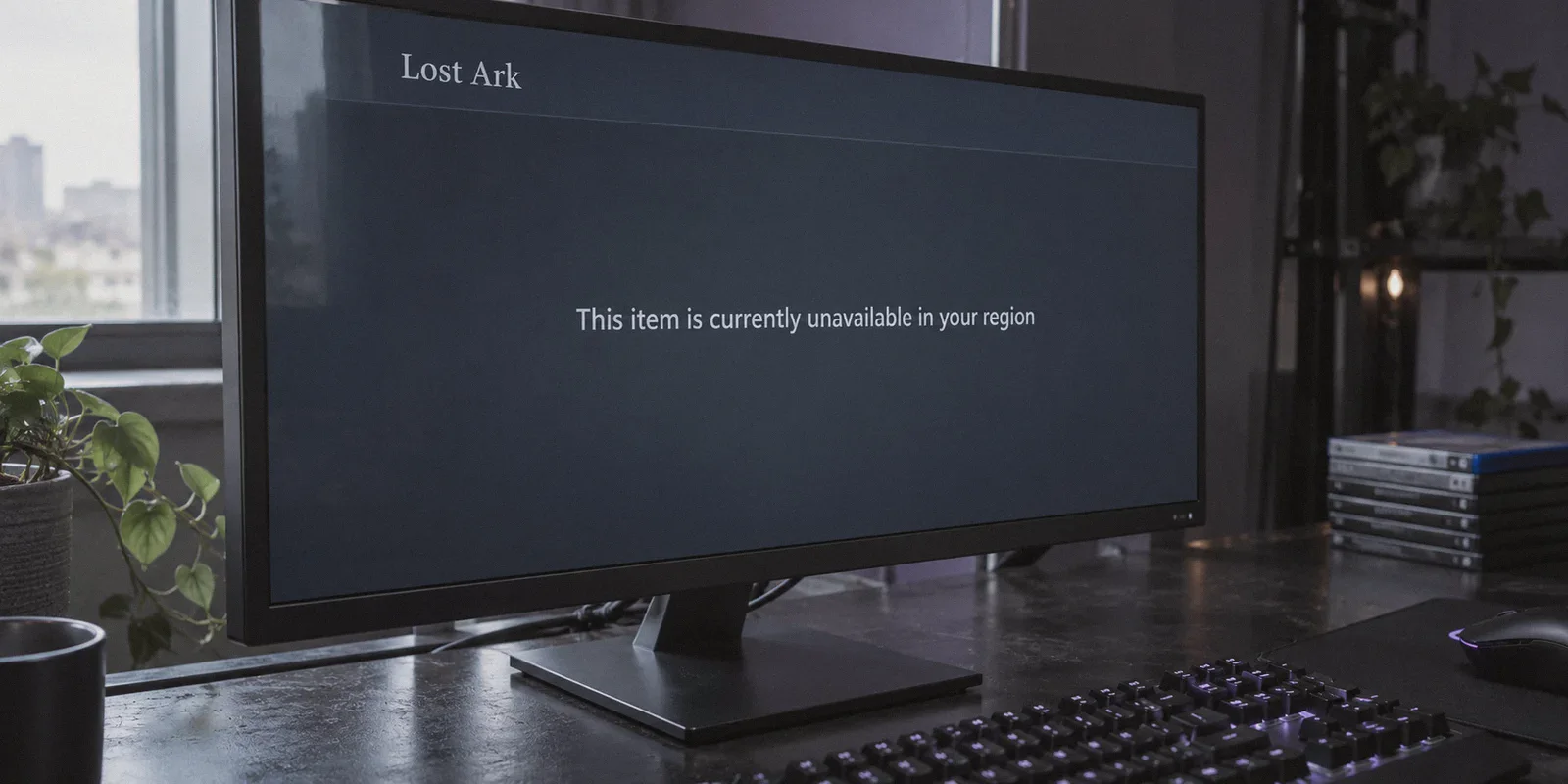 A game storefront shows that Lost Ark is unavailable in the current region.