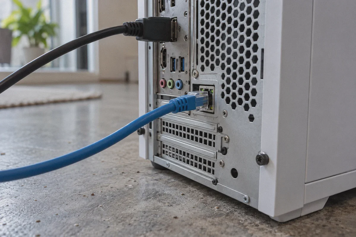 An Ethernet cable connects a desktop computer to a wired network.