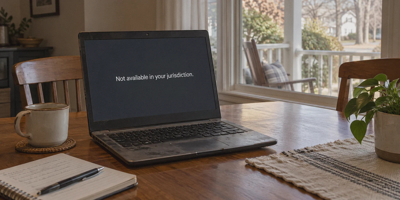 An aged laptop on a small apartment dining table in an American suburban home, window view of a quiet porch