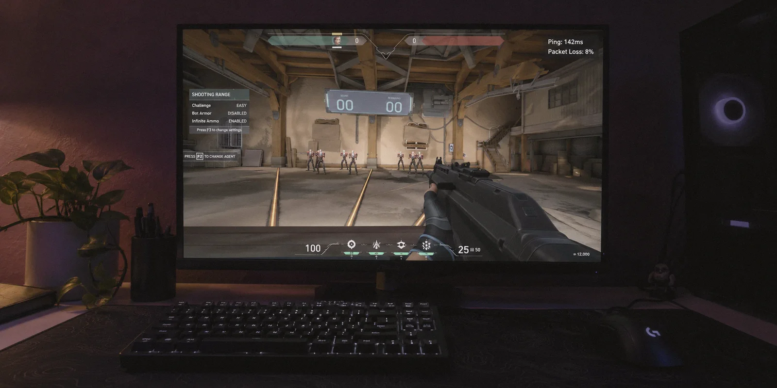 Valorant practice screen with high ping and packet loss.