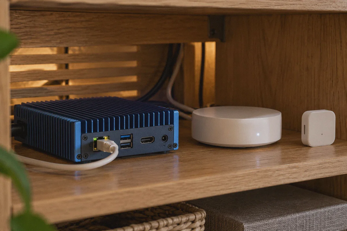 Mini PC, Zigbee bridge, and sensor on a home-automation shelf.