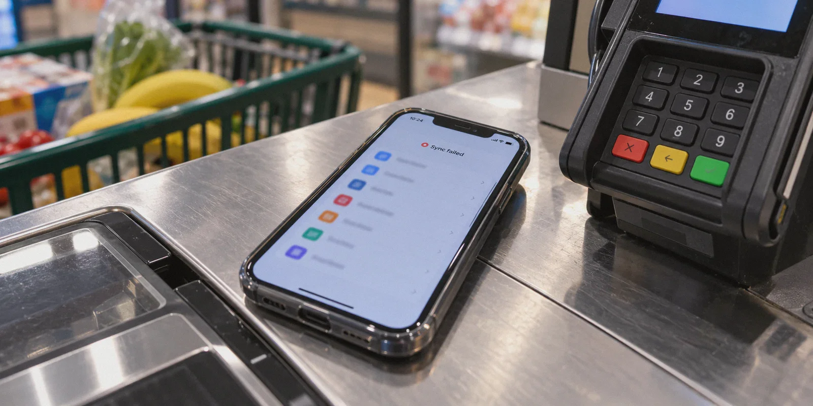 Phone showing a failed password-vault sync beside a checkout terminal.