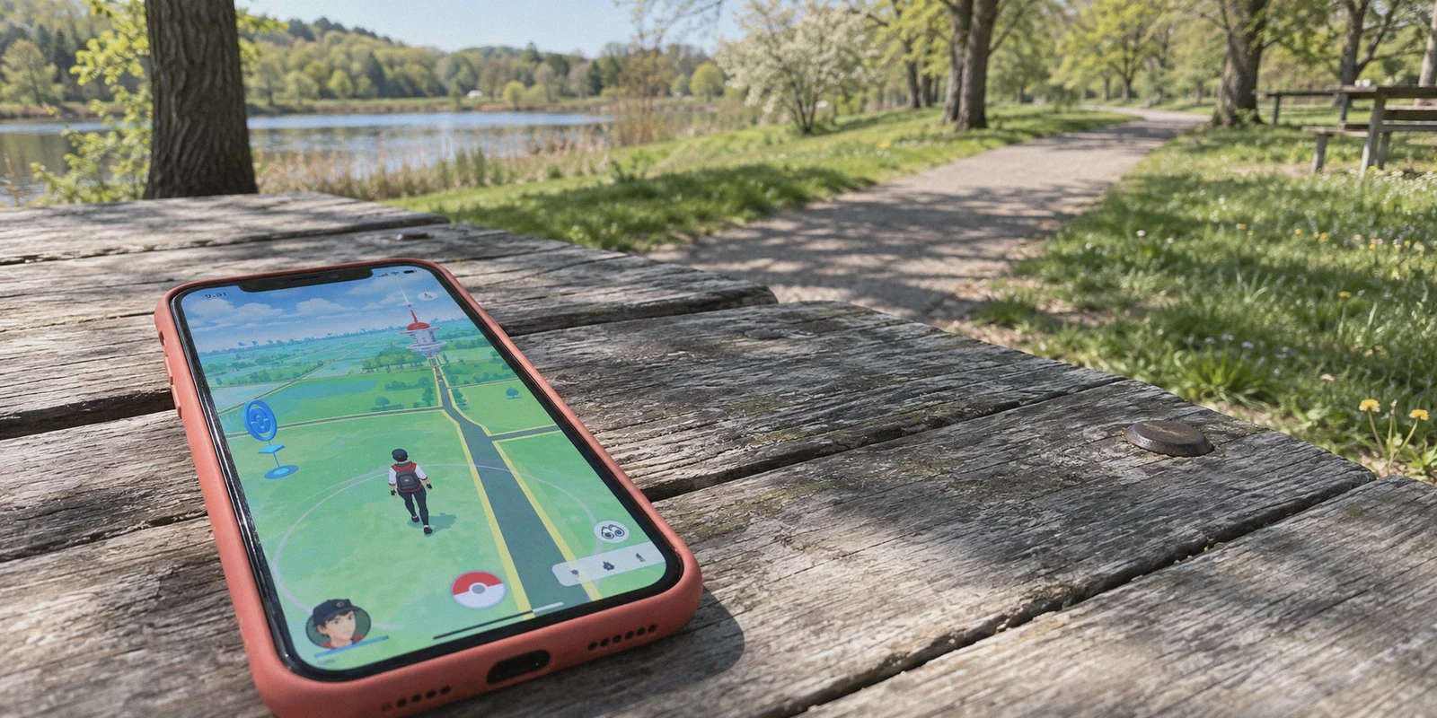 Pokémon GO map on a phone beside an empty rural park.