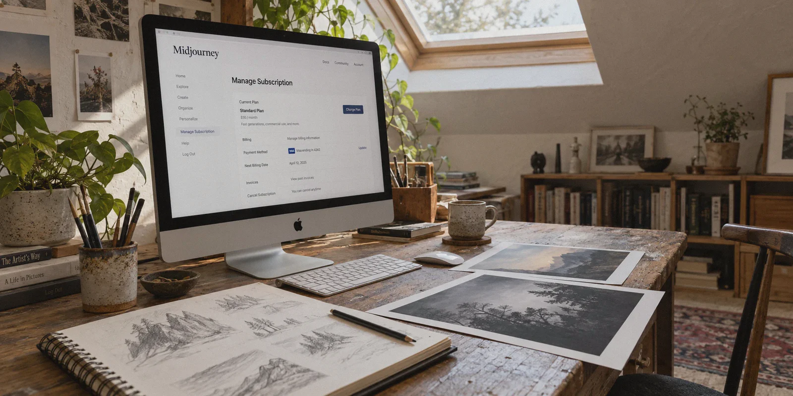 Midjourney subscription page in a designer’s workspace.