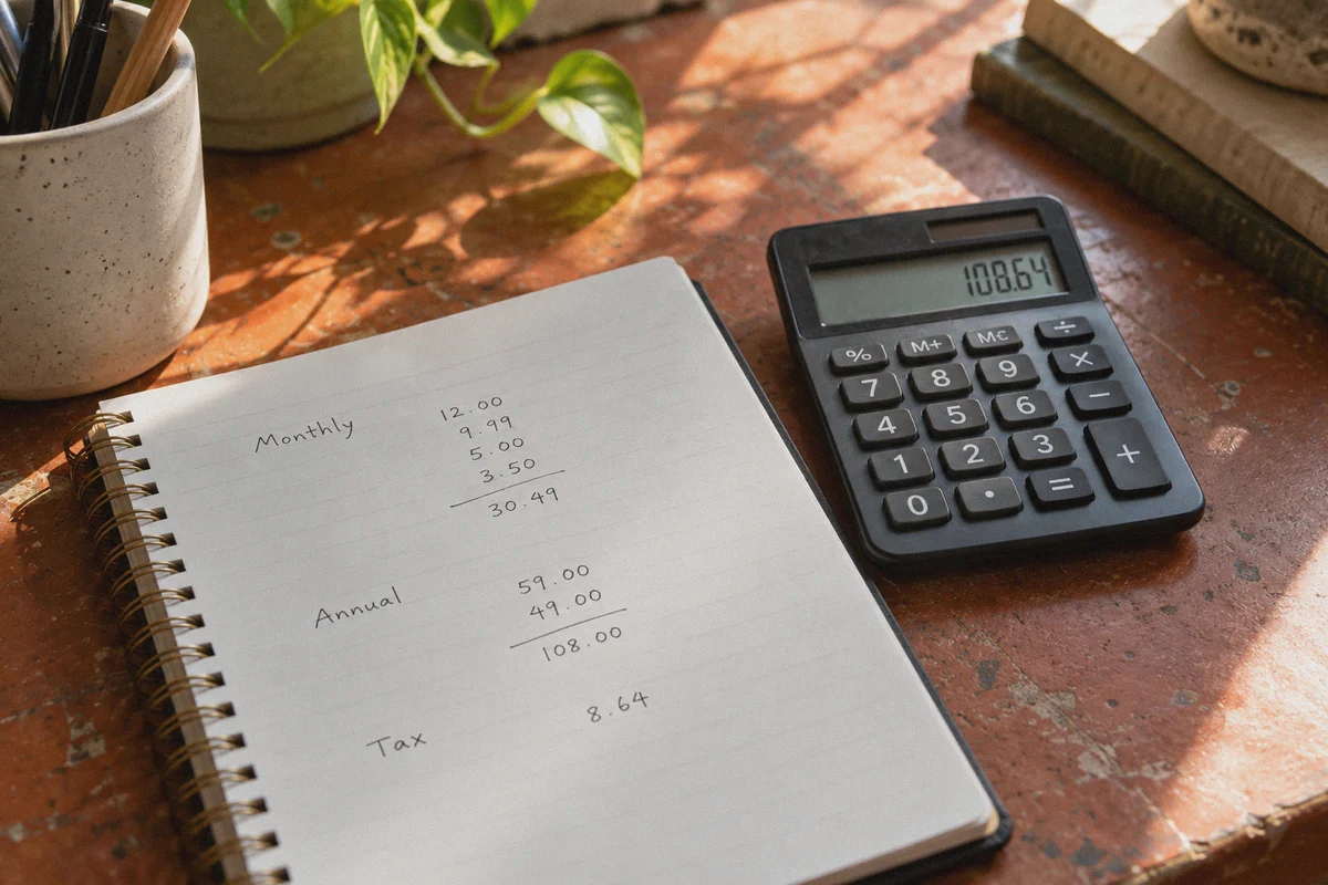 Notebook comparing monthly, annual and tax costs.