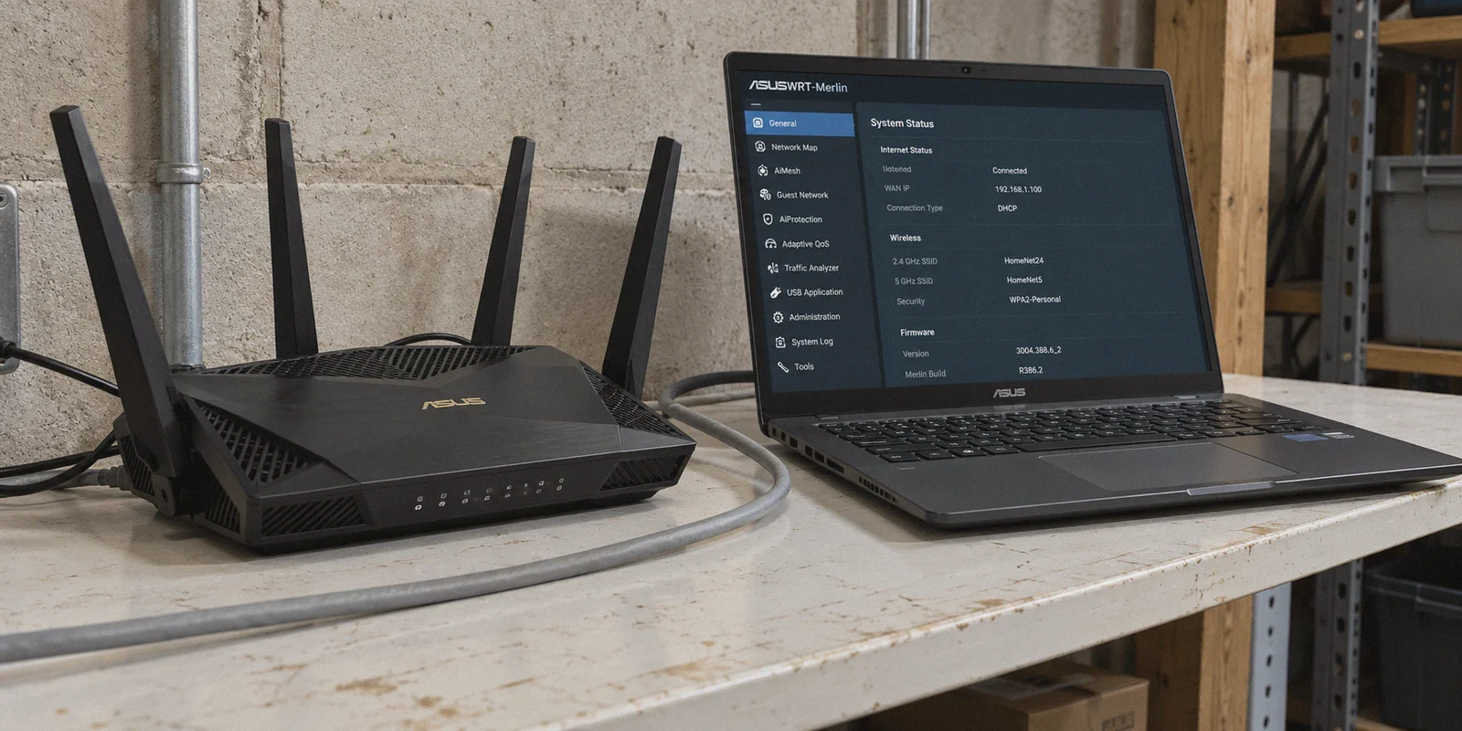 Asus router and laptop administration screen
