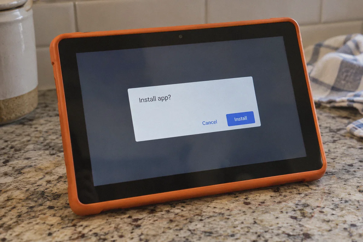 Close oblique view of an orange-cased Fire tablet on a kitchen counter.