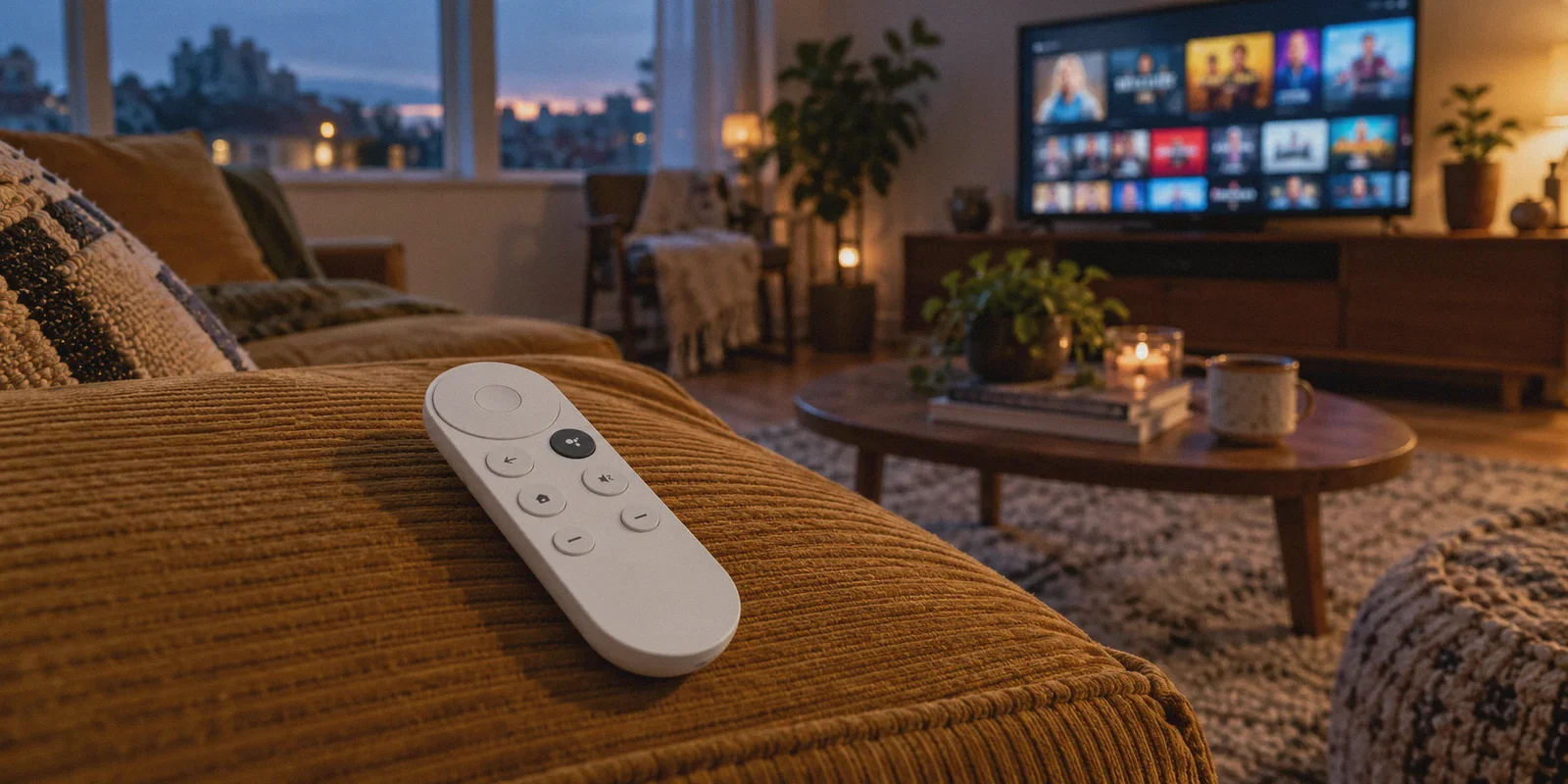 Google TV remote beside a living-room television.