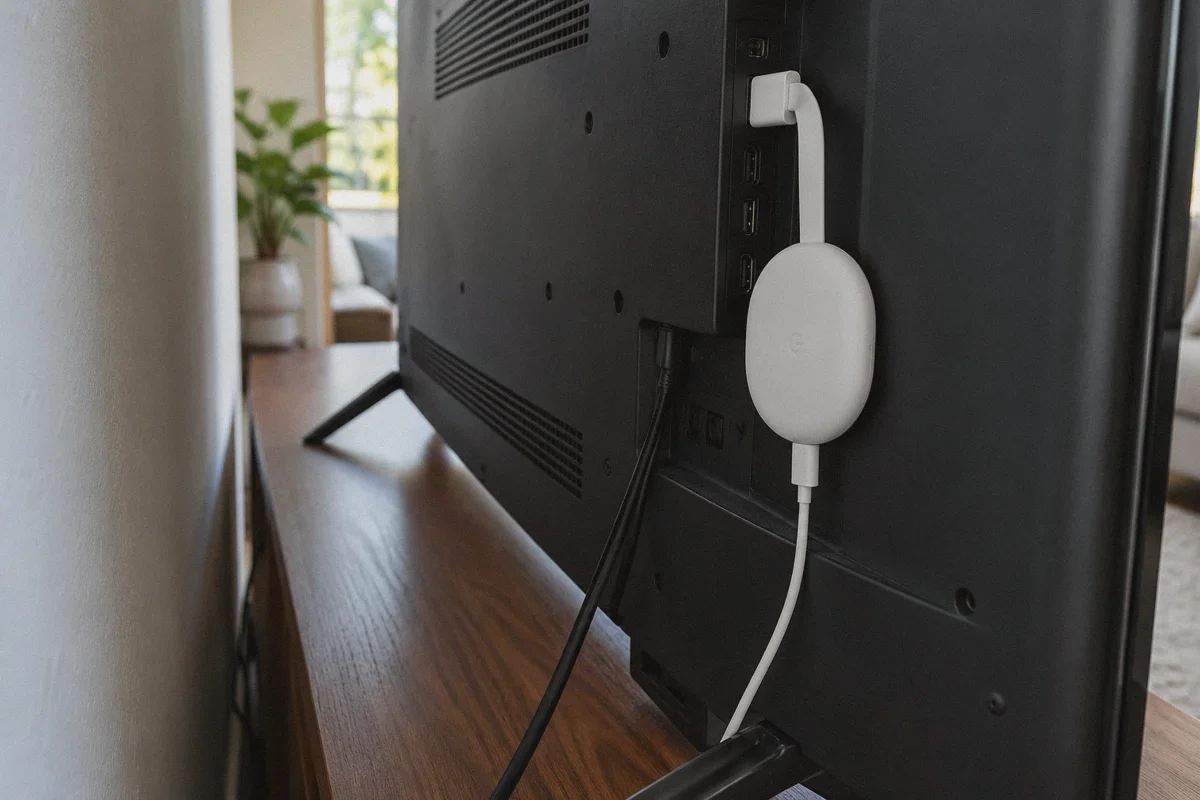 Chromecast with Google TV connected behind a television.