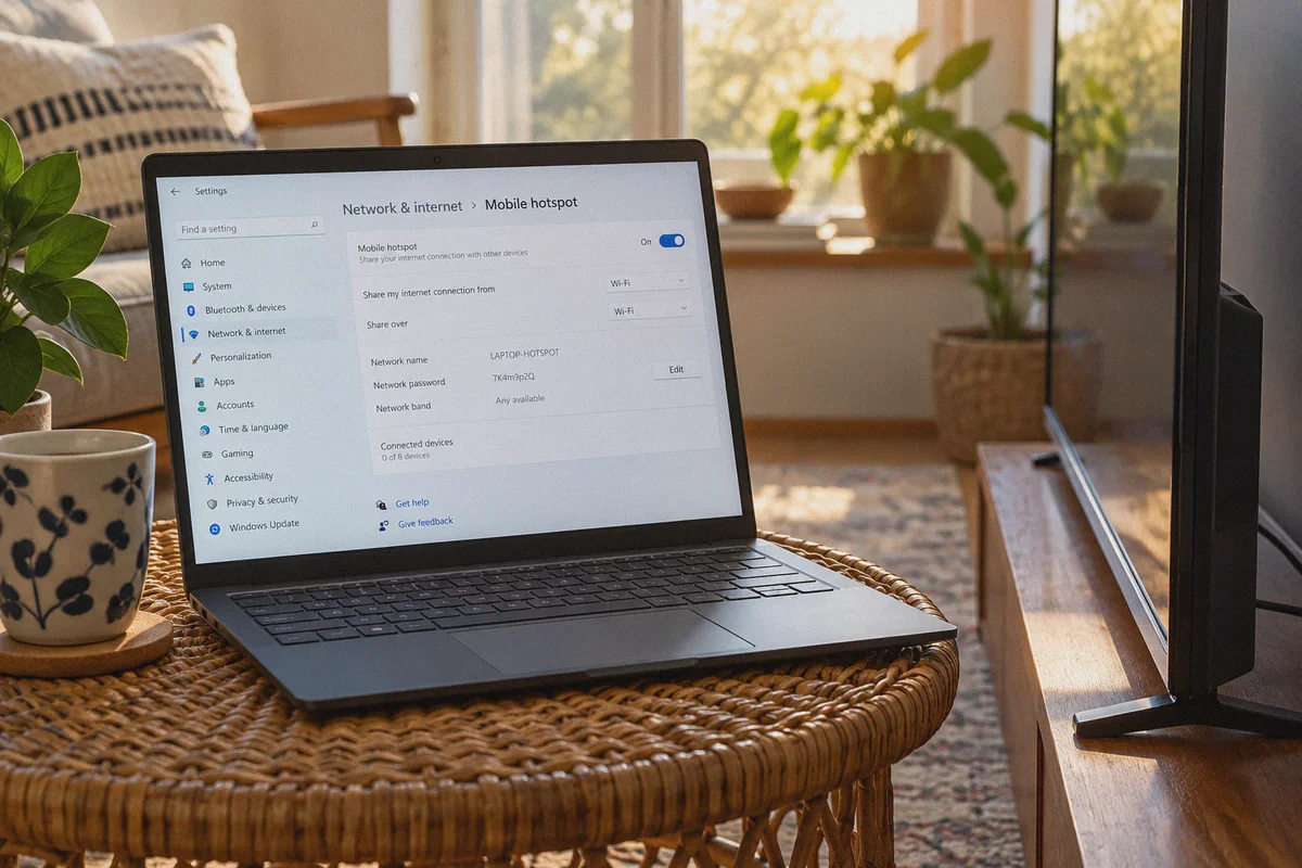 Laptop hotspot settings beside a television