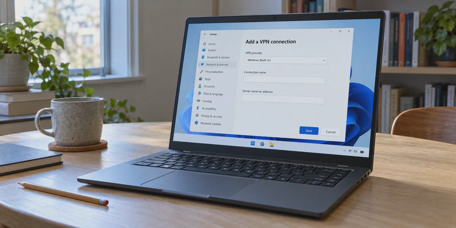 The Windows VPN connection form asks for a server address.