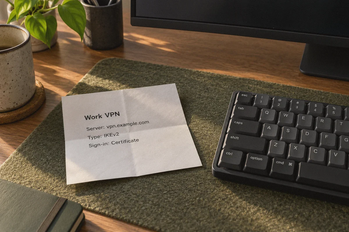An IT setup sheet supplies the server and sign-in details for a work VPN.