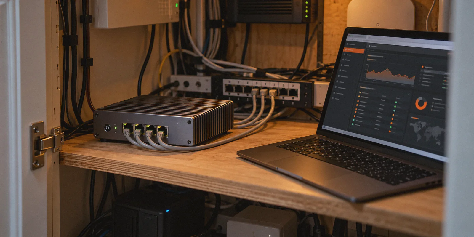 Home firewall appliance beside a laptop in a networking cupboard.
